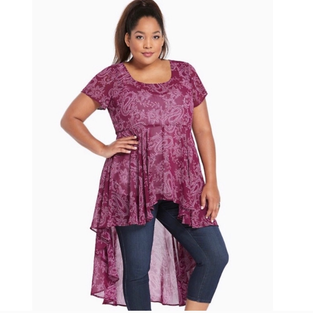 Torrid PAISLEY PRINT CHIFFON EXTREME HI-LO TOP